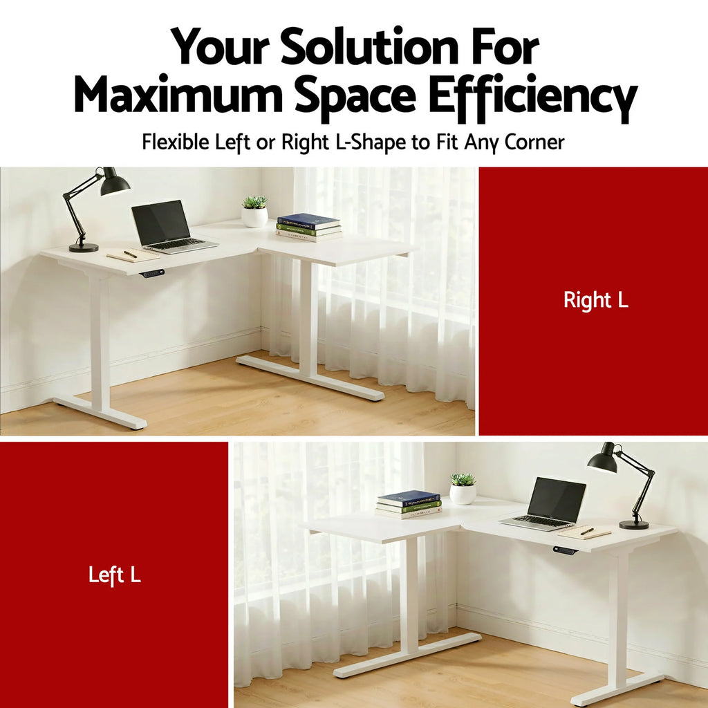 Graphic demonstrating the reversible left and right corner setup options for the white L-shaped desk to maximize space efficiency.