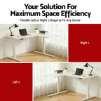 Graphic demonstrating the reversible left and right corner setup options for the white L-shaped desk to maximize space efficiency.