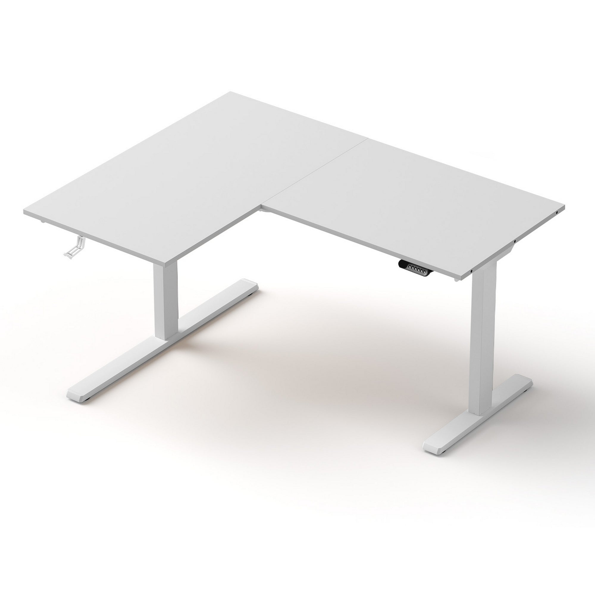 Angled front view of the motorised L-shaped standing desk featuring a clean white desktop and matching white frame.