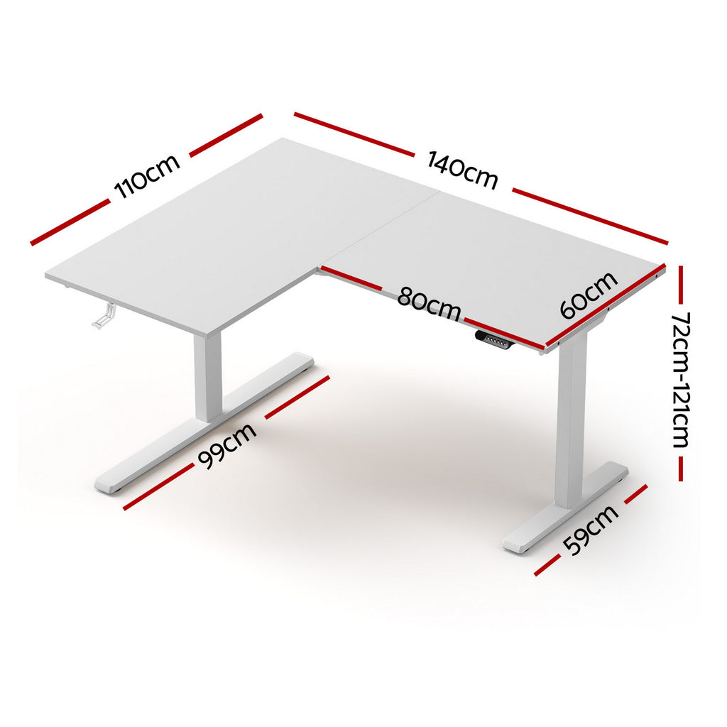 Detailed technical diagram showing the exact width, return length, and height dimensions of the white L-shaped standing desk.