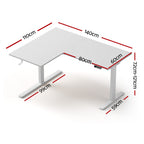 Detailed technical diagram showing the exact width, return length, and height dimensions of the white L-shaped standing desk.