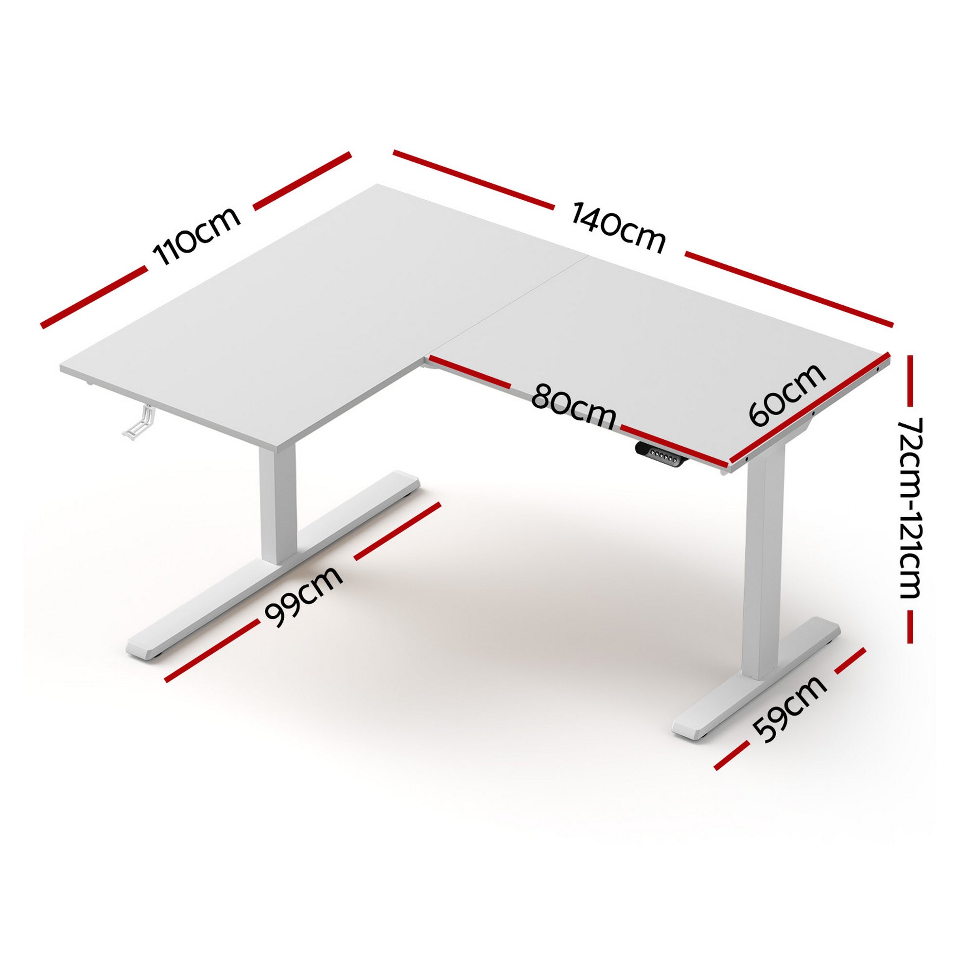 Detailed technical diagram showing the exact width, return length, and height dimensions of the white L-shaped standing desk.