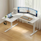 Ergonomic white L-shaped corner desk set up in a modern home office workspace with a dual monitor display.
