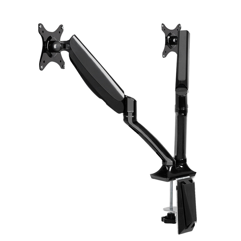 Angled front view of the Studio dual gas-spring monitor arm desk mount in black.
