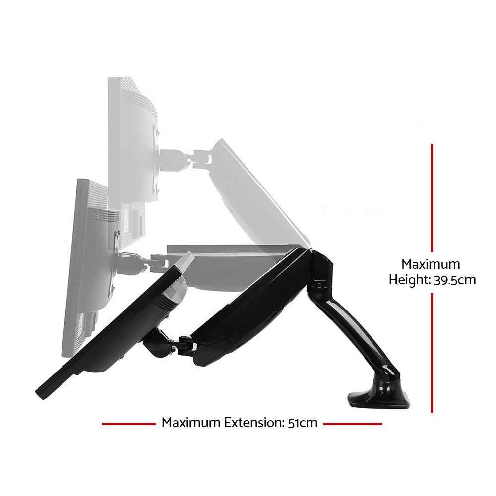 Technical schematic detailing the maximum height, extension reach, and tilt angles of the dual monitor mount.