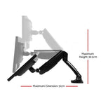 Technical schematic detailing the maximum height, extension reach, and tilt angles of the dual monitor mount.