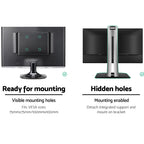 Educational guide showing VESA 75x75mm and 100x100mm mounting hole compatibility for both monitor arms.