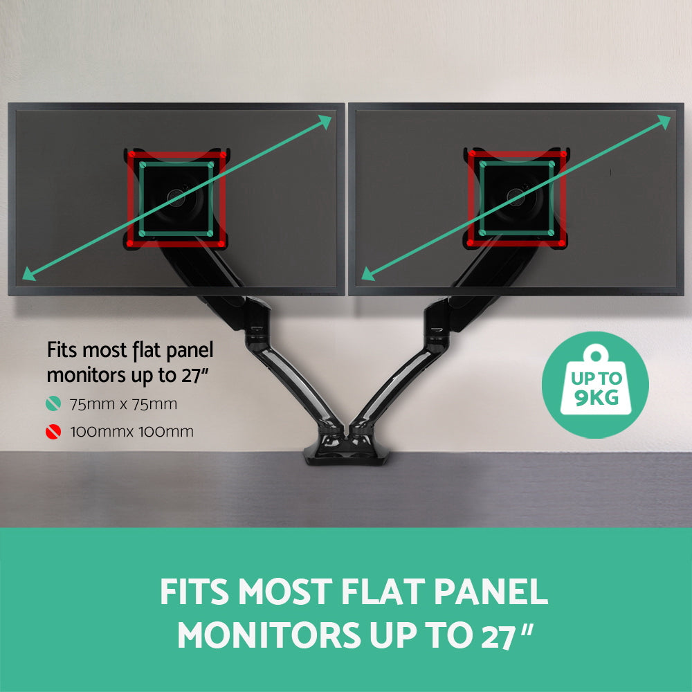 Graphic demonstrating the dual monitor arm's capacity, safely supporting two flat-panel screens up to 27 inches.