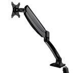 Angled front view of the Studio single gas-spring monitor arm desk mount in black.