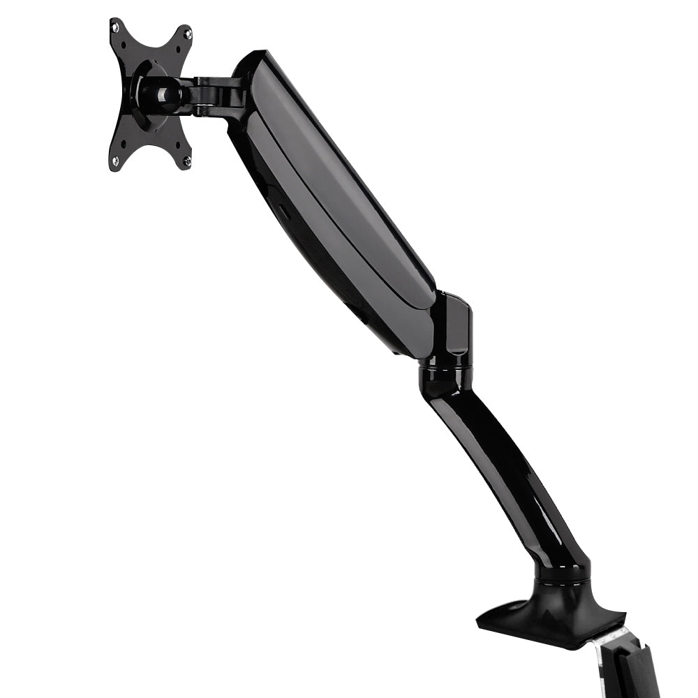 Angled front view of the Studio single gas-spring monitor arm desk mount in black.