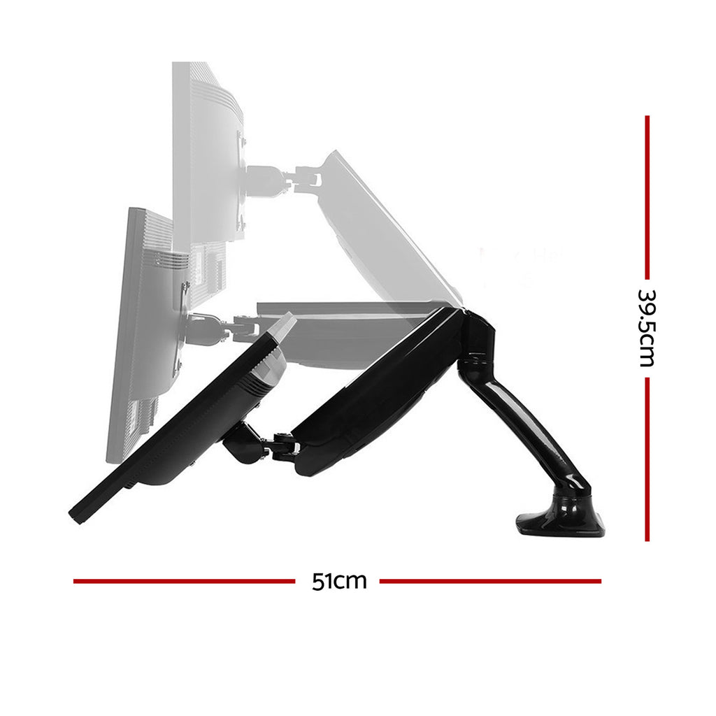 Technical schematic detailing the maximum height, extension reach, and VESA tilt angles of the single monitor mount.
