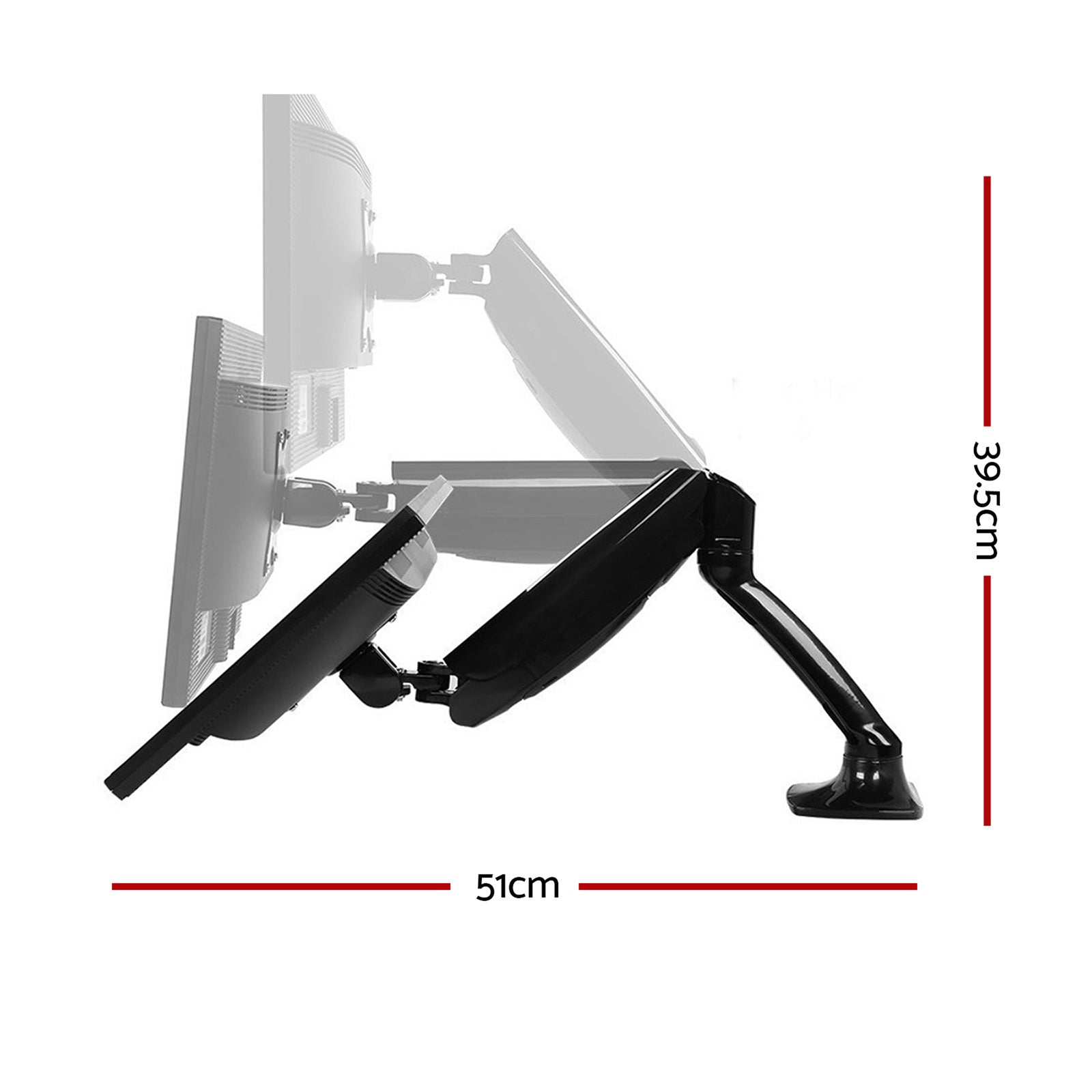 Technical schematic detailing the maximum height, extension reach, and VESA tilt angles of the single monitor mount.