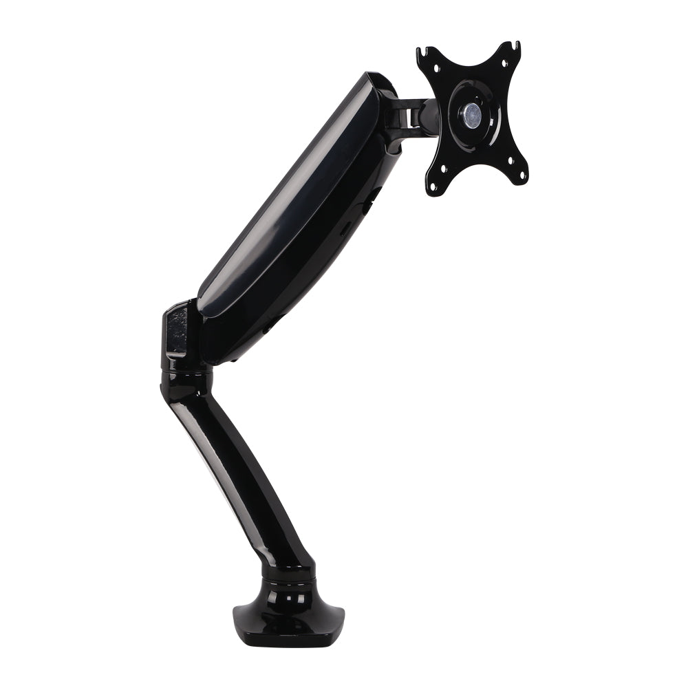 Angled back view of the Studio single gas-spring monitor arm desk mount in black.