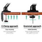Diagram demonstrating the drill-free C-clamp and heavy-duty grommet mounting options for the monitor arm.