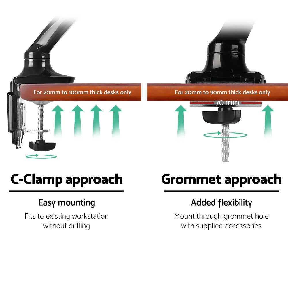 Diagram demonstrating the drill-free C-clamp and heavy-duty grommet mounting options for the monitor arm.