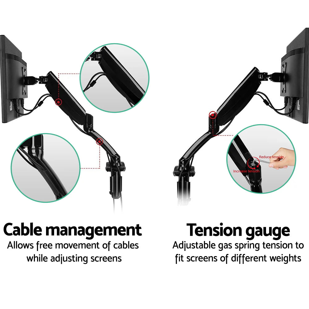 Detail graphic highlighting the integrated cable management channels and adjustable gas-spring tension gauge.