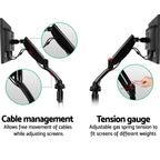 Detail graphic highlighting the integrated cable management channels and adjustable gas-spring tension gauge.