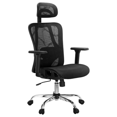 Angled front view of a black ergonomic mesh office chair featuring an adjustable headrest and armrests.