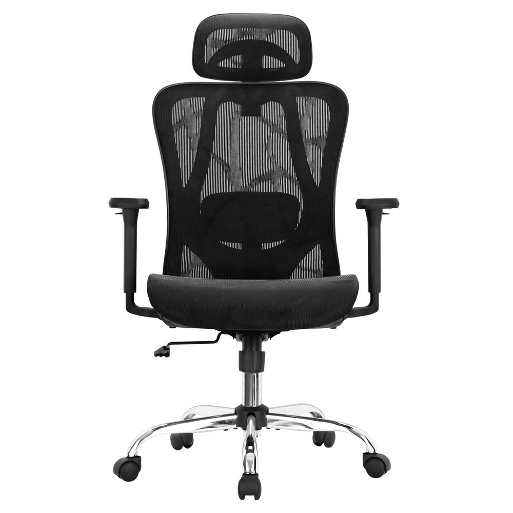 Front-facing view of the office chair highlighting the breathable mesh backrest, seat cushion, and lumbar support.