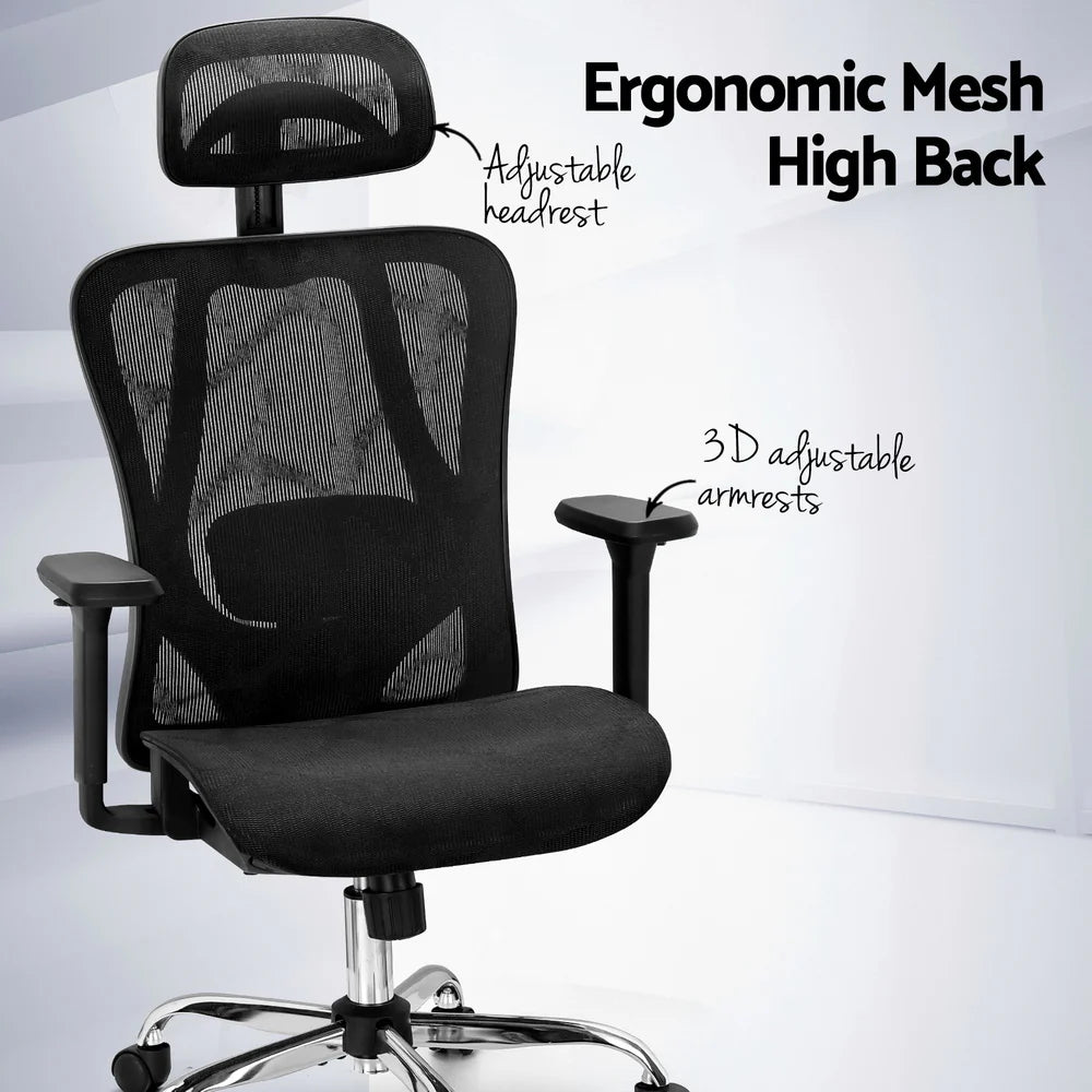 Feature graphic demonstrating the 3D adjustable headrest and ergonomic high back support of the mesh office chair.