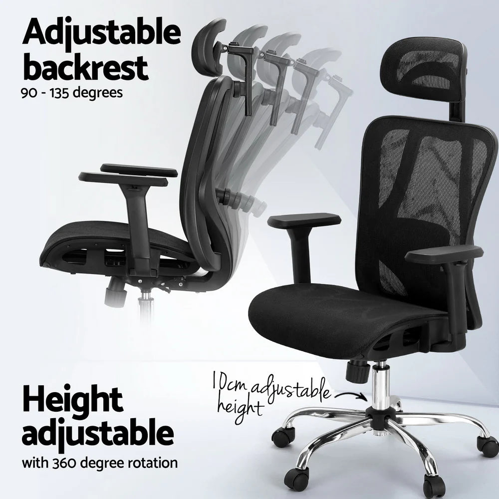 Visual demonstration of the chair's adjustable backrest tilt, recline function, and pneumatic seat height adjustment.
