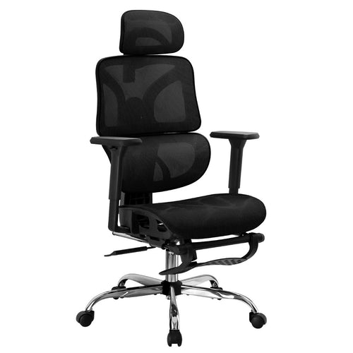 Angled front view of a black ergonomic mesh office chair featuring a retractable footrest and adjustable headrest.