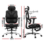 Detailed technical diagram showing the overall height, seat width, recline angle, and extended footrest dimensions of the black office chair.