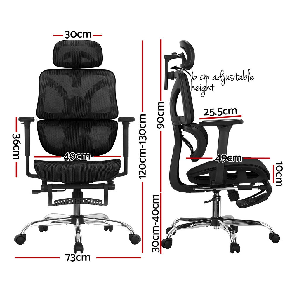 Detailed technical diagram showing the overall height, seat width, recline angle, and extended footrest dimensions of the black office chair.