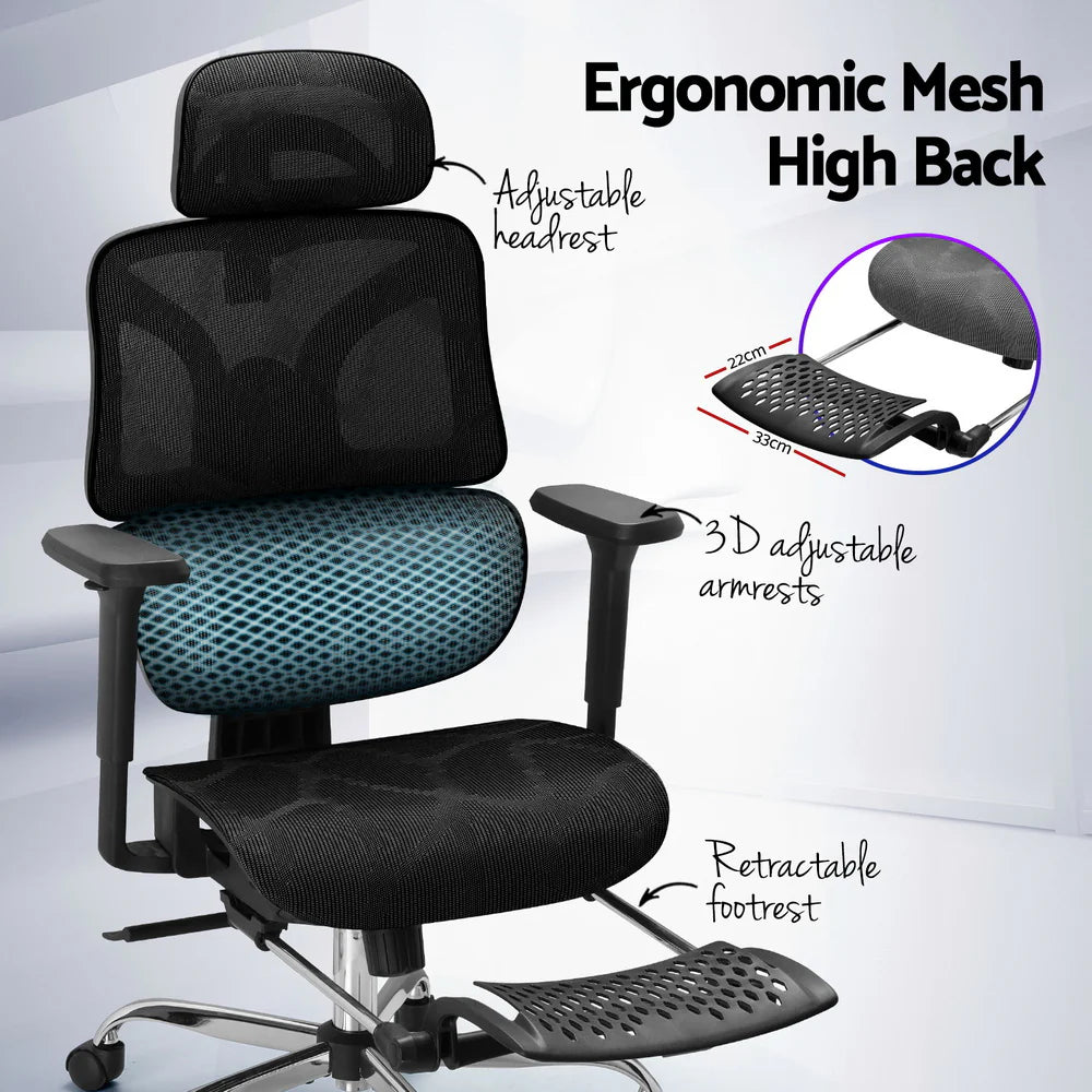 Feature graphic demonstrating the ergonomic high back and targeted lumbar support system of the mesh office chair.