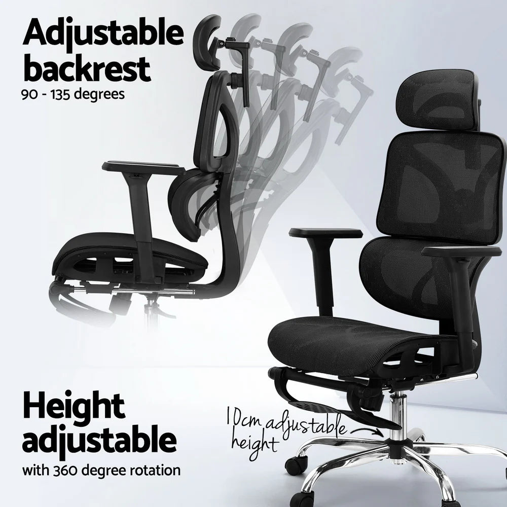 Visual demonstration of the chair's adjustable backrest recline, pull-out footrest, and pneumatic seat height adjustment.