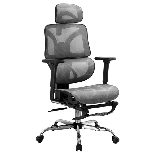 Angled front view of the Studio ergonomic mesh office chair in grey with a retractable footrest.