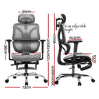 Detailed technical diagram showing the overall height, seat width, and extended footrest dimensions of the grey office chair.