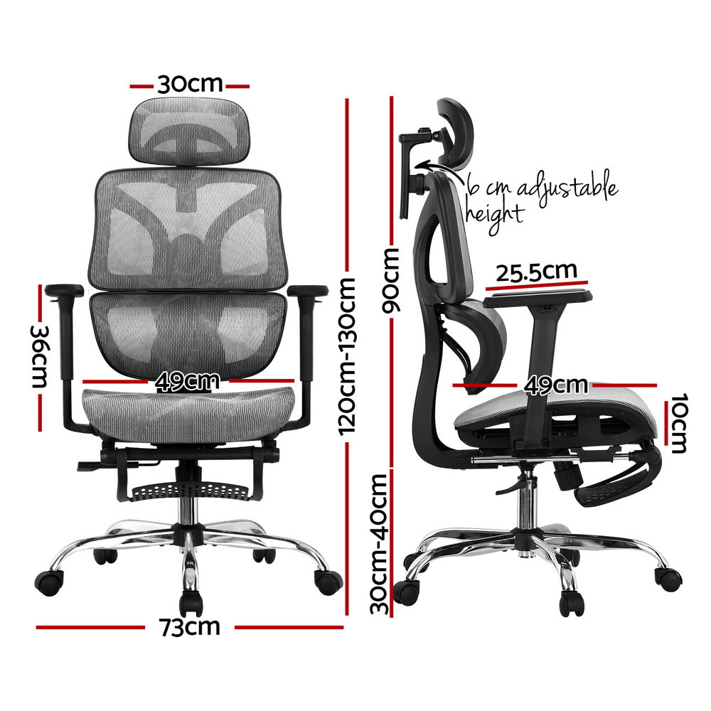 Detailed technical diagram showing the overall height, seat width, and extended footrest dimensions of the grey office chair.