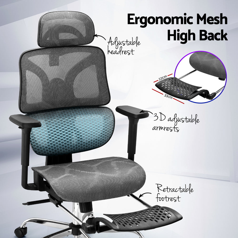 Feature graphic demonstrating the separated ergonomic lumbar support system of the grey mesh chair