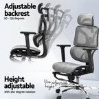 Visual demonstration of the chair's 135-degree backrest recline, height adjustment, and retractable footrest.