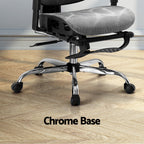Close-up detail showing the heavy-duty chrome base and smooth-rolling caster wheels.