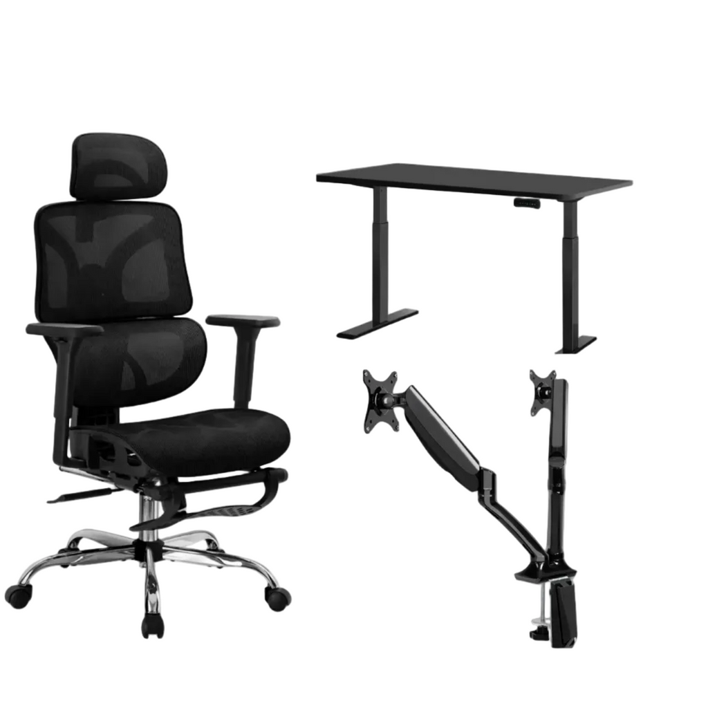 Cloud Office Studio complete ergonomic workstation bundle featuring a light oak electric standing desk, black mesh professional office chair, and single gas-spring monitor arm in a modern home office.