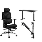 Cloud Office Studio complete ergonomic workstation bundle featuring a light oak electric standing desk, black mesh professional office chair, and single gas-spring monitor arm in a modern home office.
