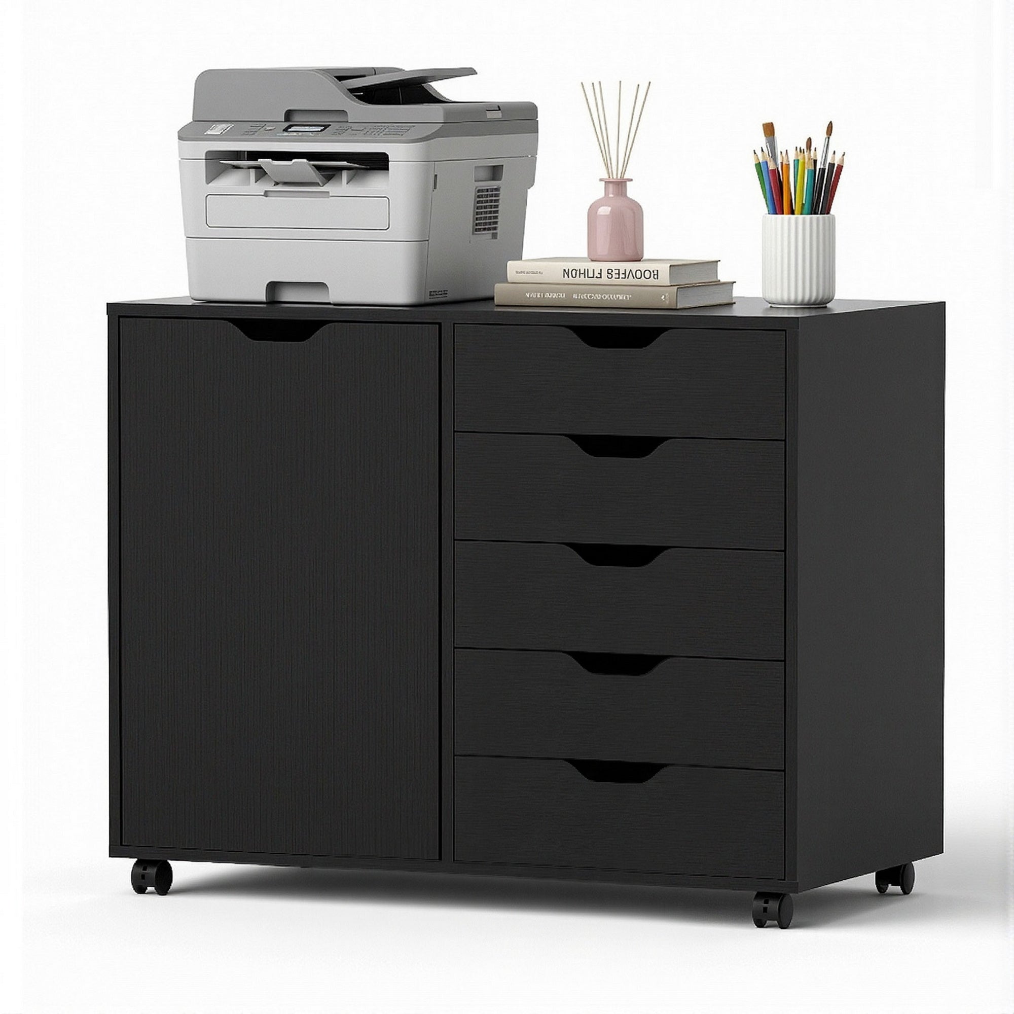 Angled front view of the Studio Executive high-capacity 5-drawer storage console in matte black.