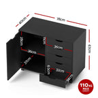 Technical schematic detailing the exact dimensions and massive 110kg top-surface load capacity of the black storage console.