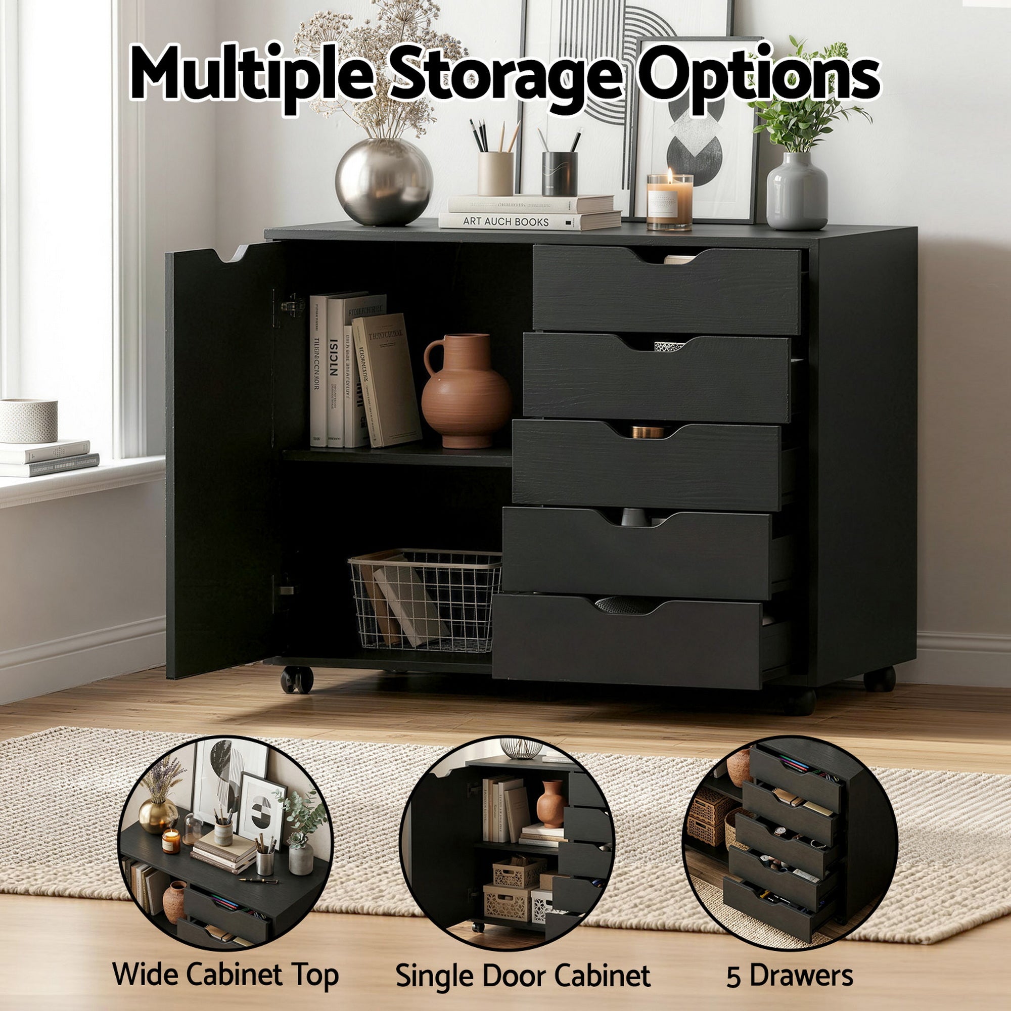 Visual demonstrating the multiple storage options, including the large concealed side cabinet with internal shelving.