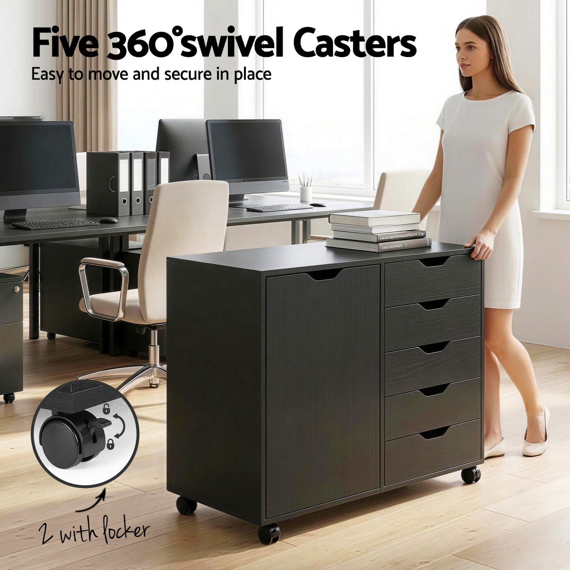 ifestyle graphic showing the fluid mobility of the console, featuring five heavy-duty 360-degree lockable swivel casters.