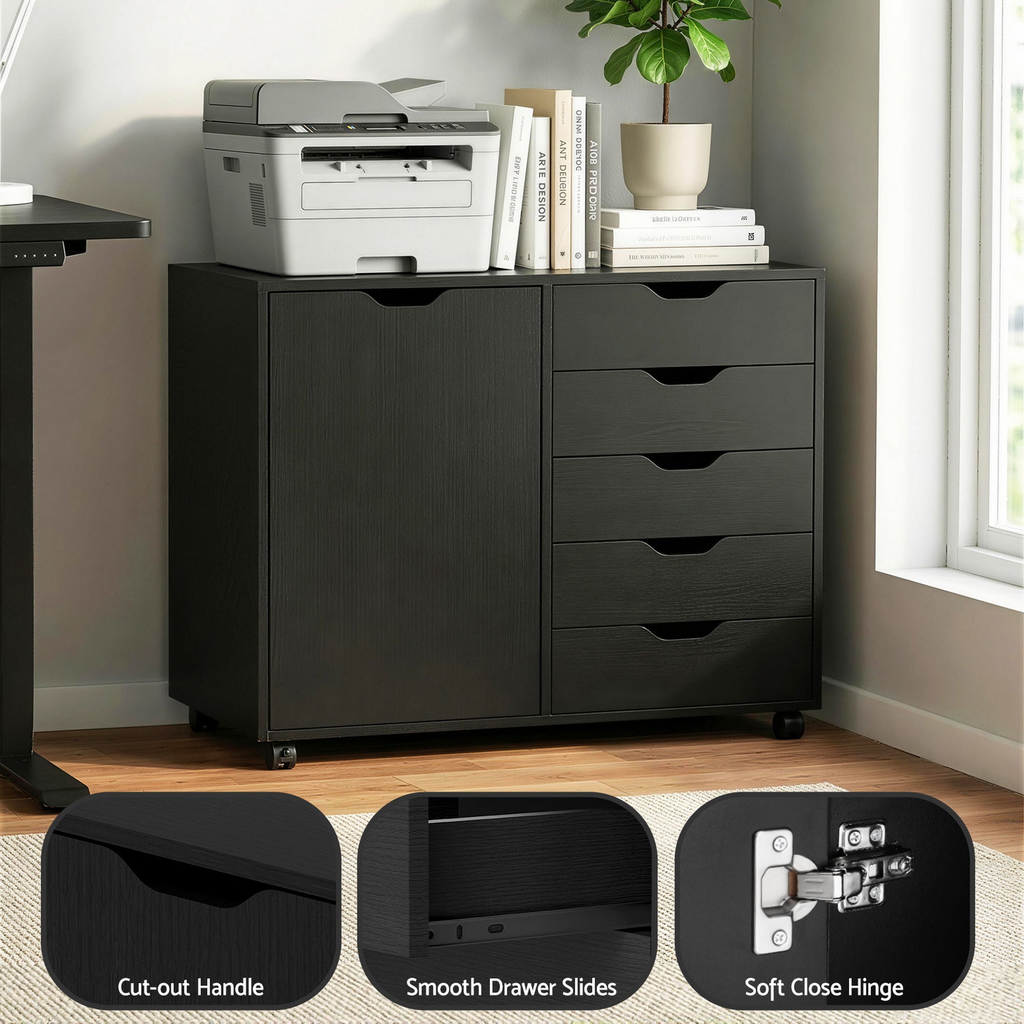 Detail graphic highlighting the iron-reinforced core and smooth-sliding drawers of the black storage console.