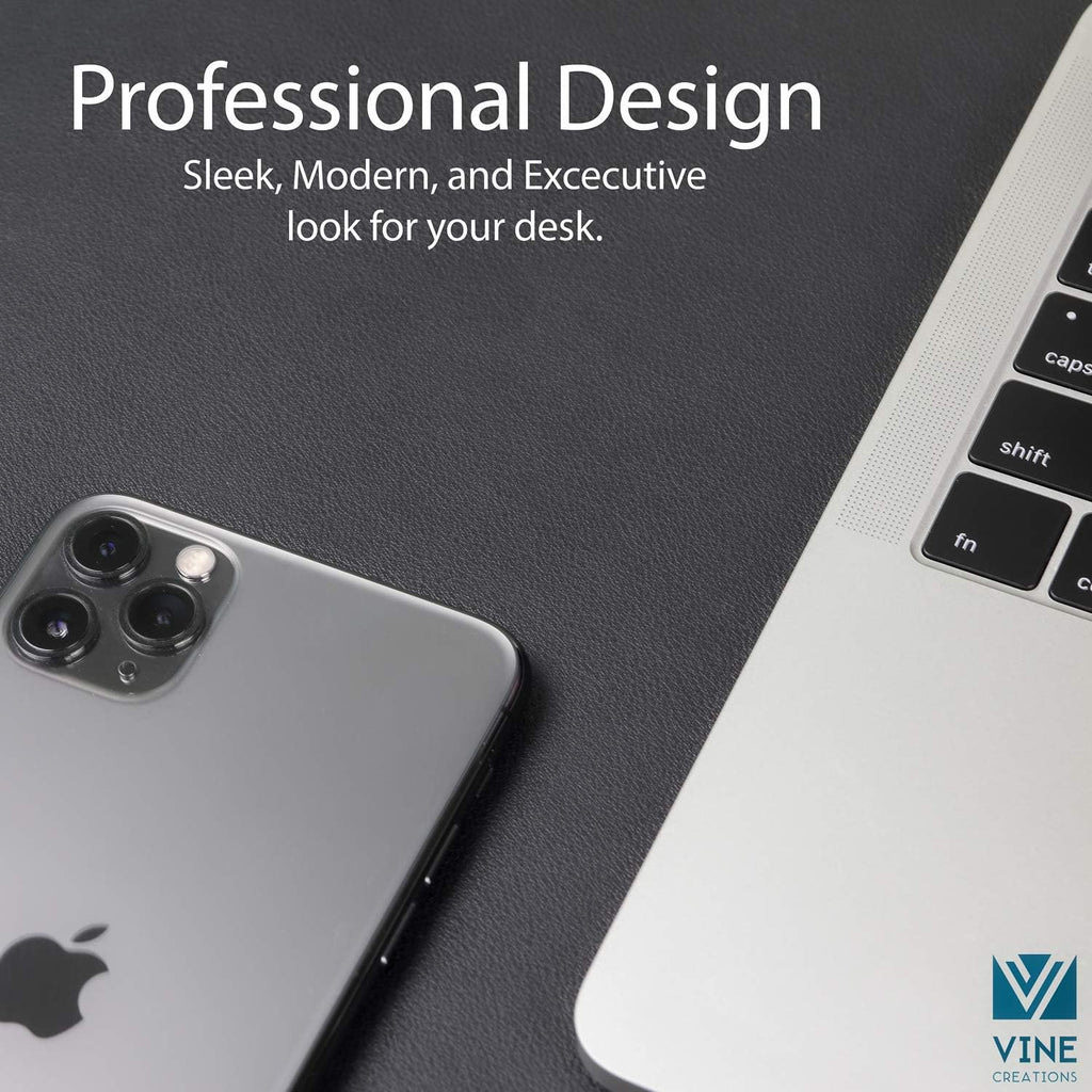 Close-up detail highlighting the commercial-grade PU leather texture and waterproof surface of the black desk protector.
