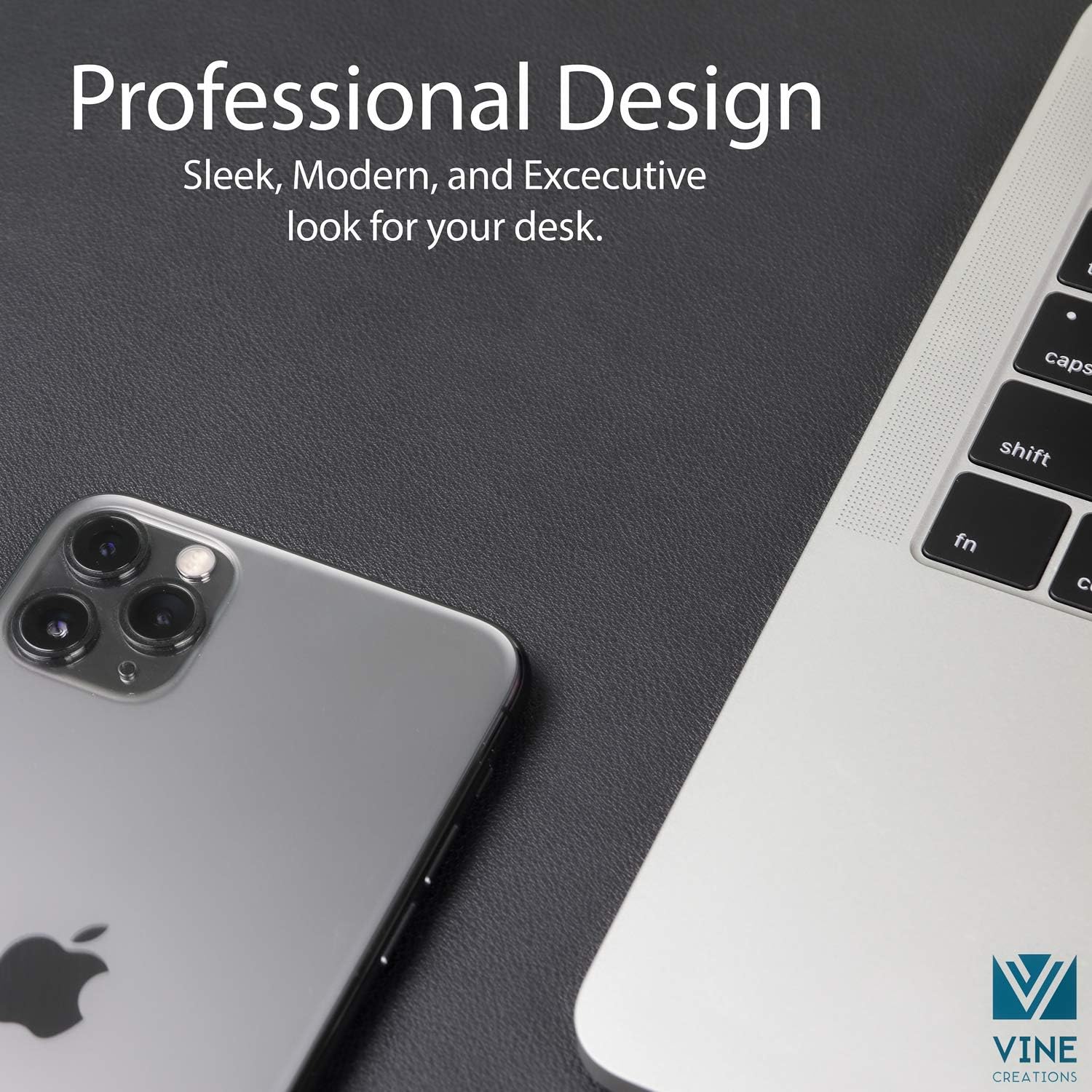 Close-up detail highlighting the commercial-grade PU leather texture and waterproof surface of the black desk protector.