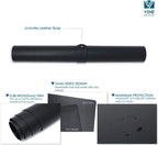 Graphic showing the black desk mat rolled up securely with its included matching leather travel strap.