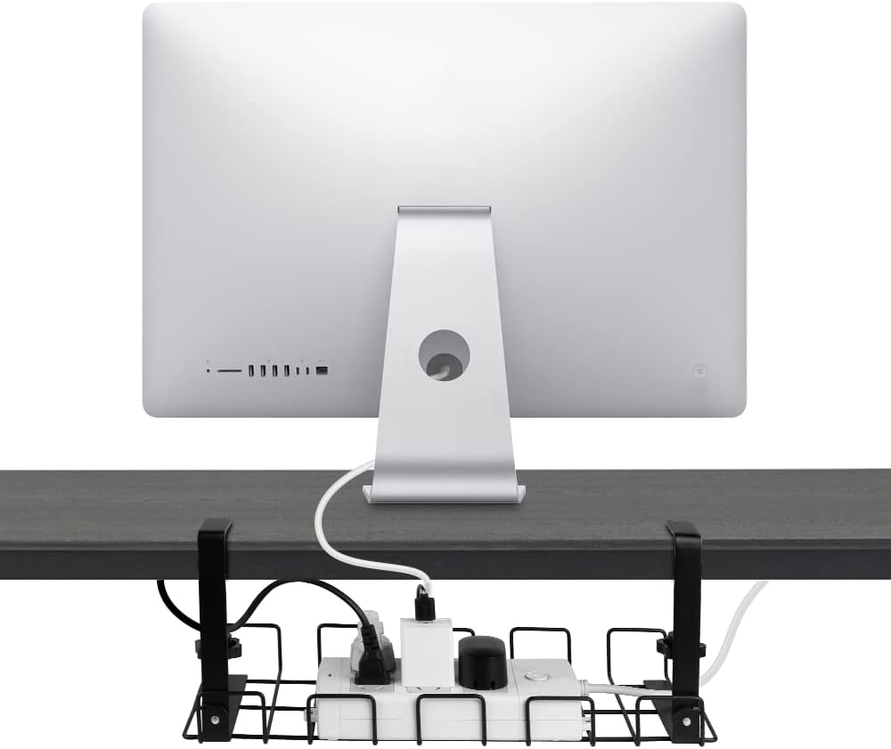 Rear view of a computer monitor on a clean desk, demonstrating the clutter-free aesthetic provided by the cable management system.