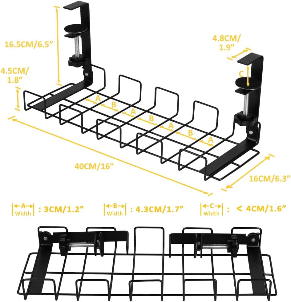 Technical diagram detailing the length, width, and height dimensions of the dual cable management trays.