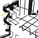 Detail graphic highlighting the zero-damage, no-drill rotary clamp installation mechanism of the cable tray.