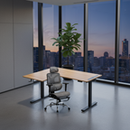 Modern office desk with chairs in a room with large windows overlooking a cityscape.